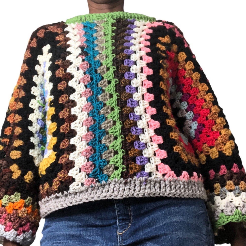 Multi-Color Artisan Cropped Pullover Bohemian Style Sweater - Picture 7 of 14